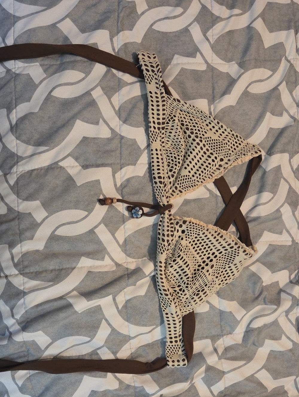 Lucky Brand Brown Bikini with Cream Crochet Overlay and Wooden Beads Details-M - Picture 9 of 9